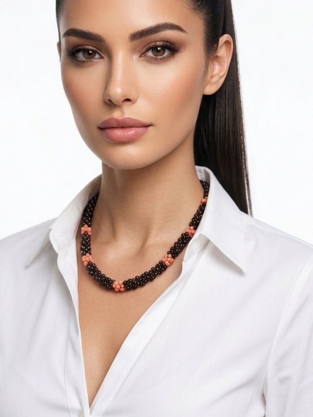 NWOT Black Beaded Necklace with Coral Accent